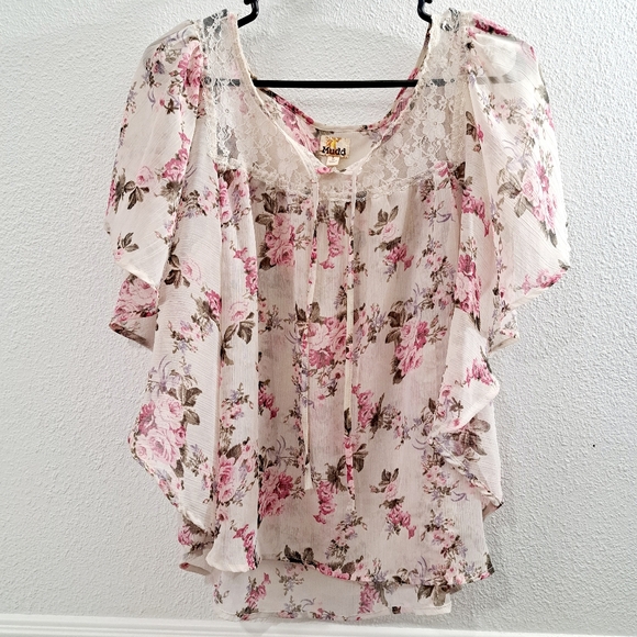 Mudd Pink Flowy Sheer Blouse Junior's Size Large - Picture 1 of 8